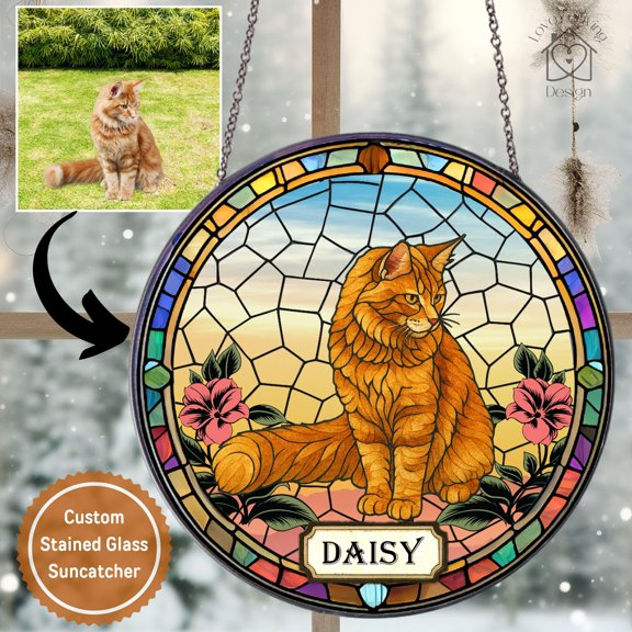 Custom Cat Photo Stained Glass Style Suncatcher, Personalized Pet Portrait Window Hanging, Cat Lover Gift size 7.9in