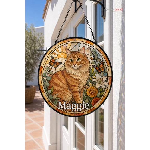 Custom Cat Portrait Stained Glass Suncatcher - Personalized Cat Memorial Window Hanging, Pet Loss Sympathy Gift