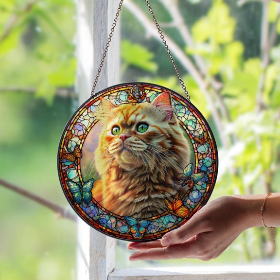 Custom Cat Portrait Stained Glass Suncatcher – Personalized Pet Memorial Glass Sun Catcher, Unique Feline Window Art Gift for Cat Lovers