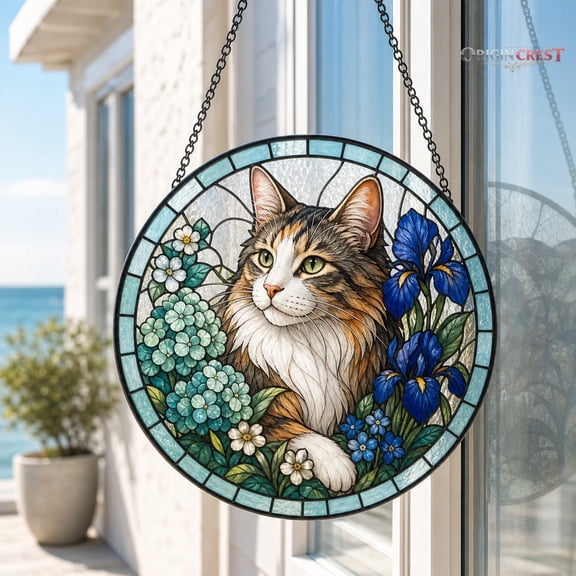 Custom Cat Portrait Stained Glass Suncatcher - Personalized Pet Photo Window Hanging, Cat Memorial Gift
