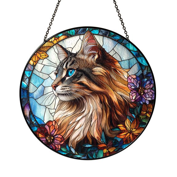 Custom Cat Portrait Stained Glass Suncatcher – Personalized Pet Window Hanging Decor