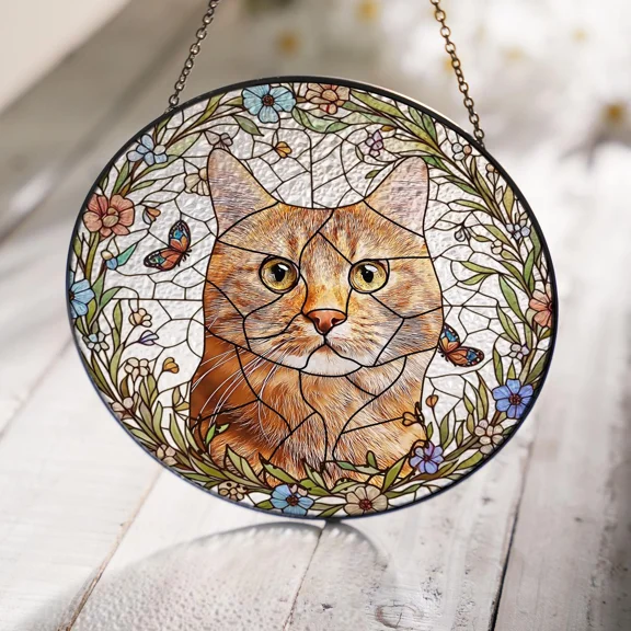 Custom Cat Portrait Stained Glass Suncatcher Window Hanging Pet Memorial Gift Home Decor