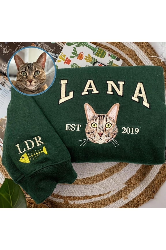 Custom Cat Sweatshirt with Embroidered Photo and Name for Cat Lovers Pet Memorial Gifts, Custom Embroidered Sweatshirt