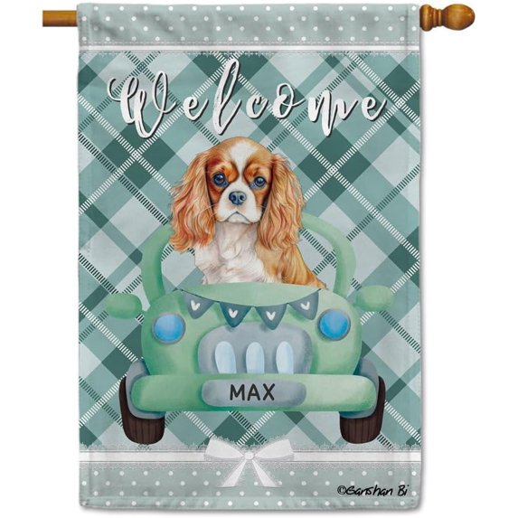 Custom Cavalier King Charles Spaniel Green Check Plaid Welcome House Flag Watercolor Dog Drive a Car Bow Polka Dots Decorative Yard Outdoor Flag Banner 28X40 Inch Double Side
