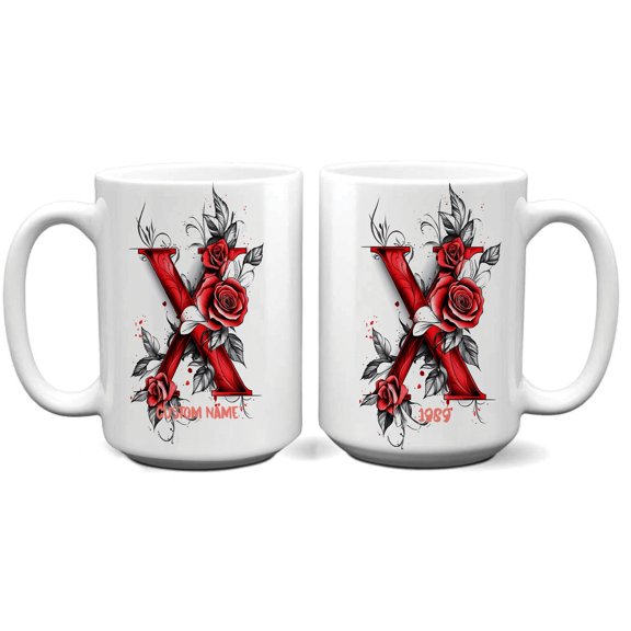Custom Ceramic Coffee Mug for Women with Initial X, Personalized 11oz 15oz Monogram Cup, Great Gift for Wife, Sister, Friend, Tea or Office Beverage