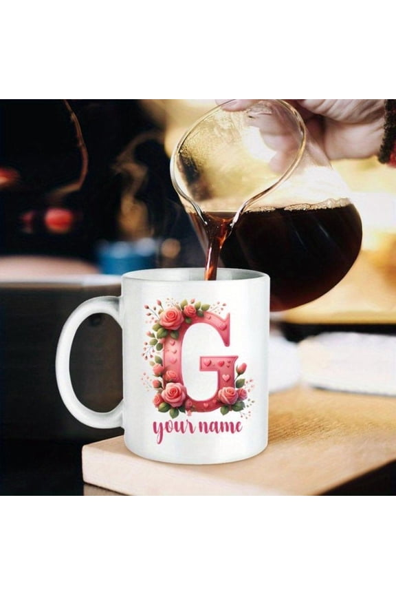 Custom Ceramic Mug 11oz Washable High Temp Resistant Ceramic Mug Personalized Floral Initial Custom Name Red Floral Design Elegant Drinkware Durable M