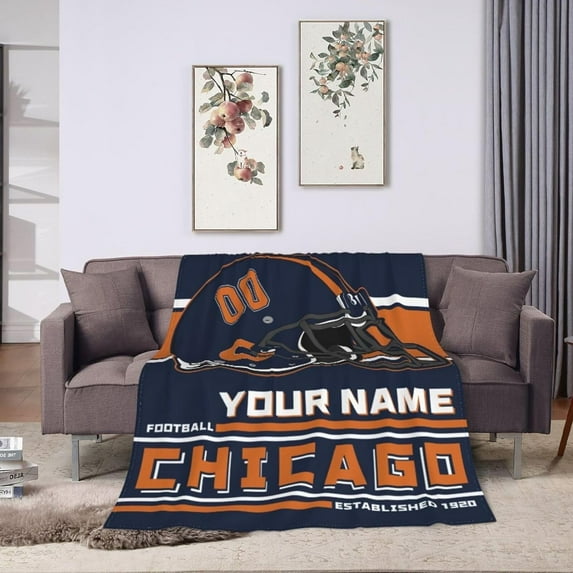Custom Chicago Blanket Personalized Throw Blankets Name Number Gifts for Men Women Boy Football Style Decor