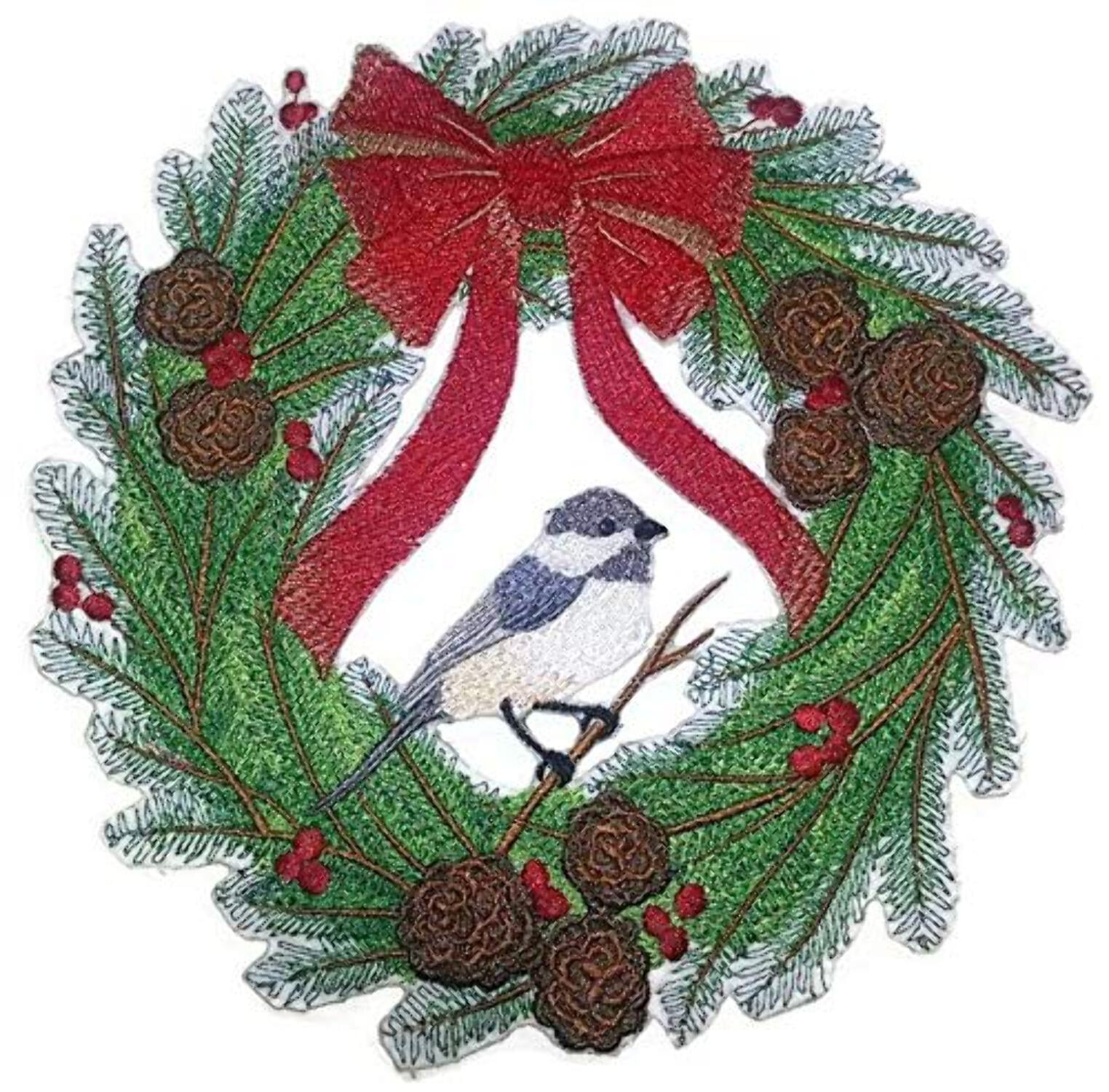 Custom Chickadee Dee Wreath Embroidered Iron on/Sew patch [8" X 8"]