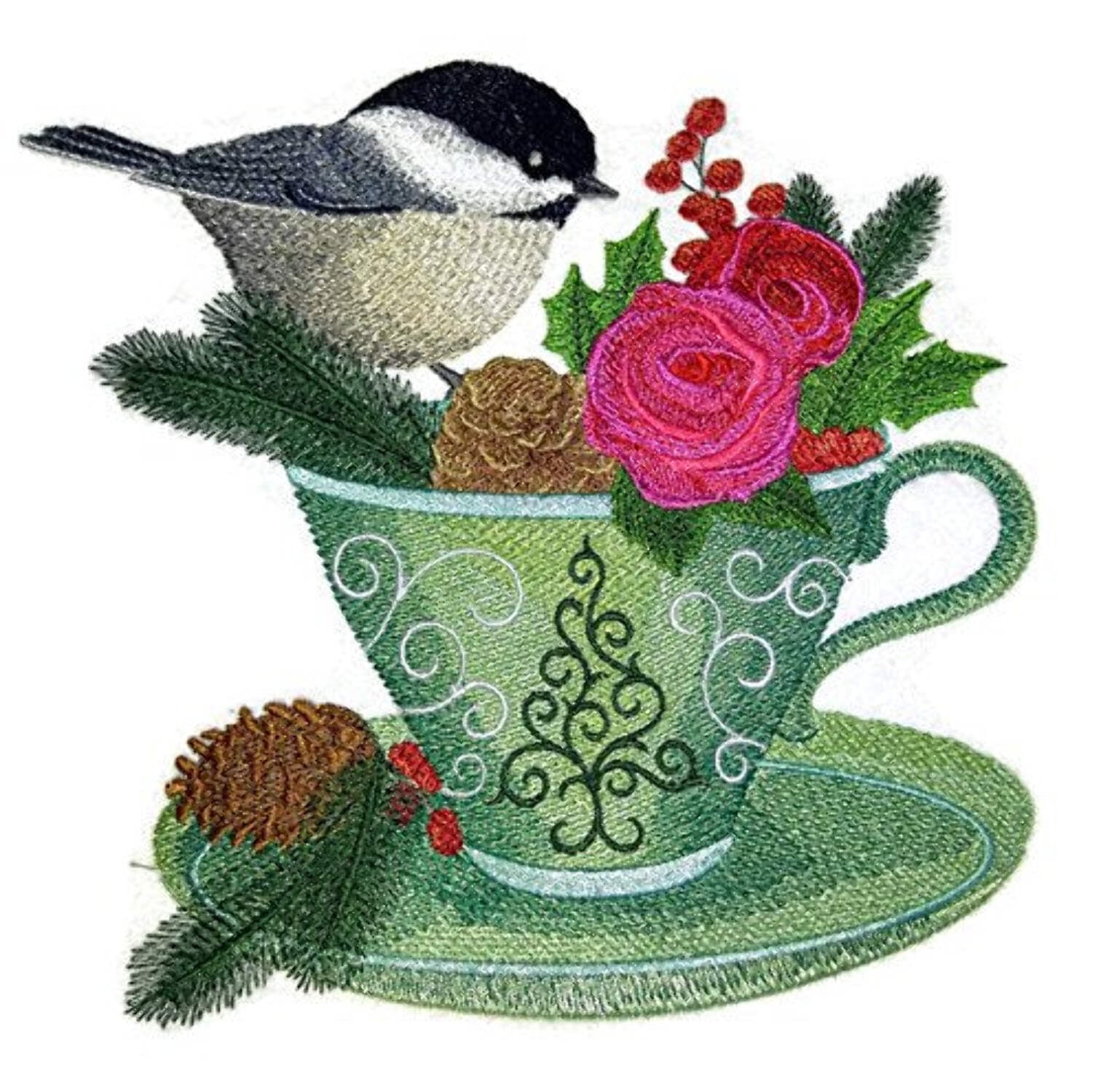 Custom Chickadee and Christmas Tea Embroidered Iron on/Sew patch [6.9" X 7.32"]