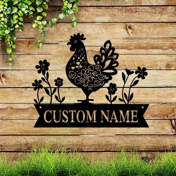 Custom Chicken Flower Metal Sign Personalized Farm Hen Chick Rooster Metal Name Sign Plaque Farmhouse Outdoor Wall Decor