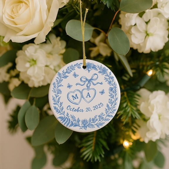 Custom Chinoiserie Wedding Ornament, Blue & White Ceramic Keepsake