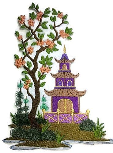 Amazing Custom [Chinoiserie Pagoda Panel] [Rich Japanese Culture and Tradition] Embroidered Iron On/Sew Patch (9.79" x 7") [Made in USA]
