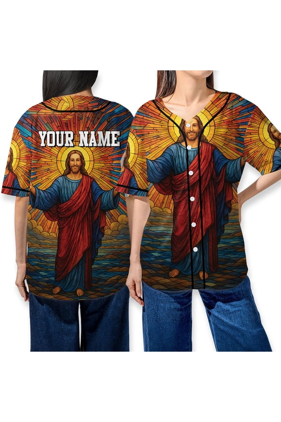 Custom Christian Baseball Jersey Shirt, Personalized Jesus Stained Glass Faith Button Up Jersey, Religious Art Jesus Design Baseball Shirt