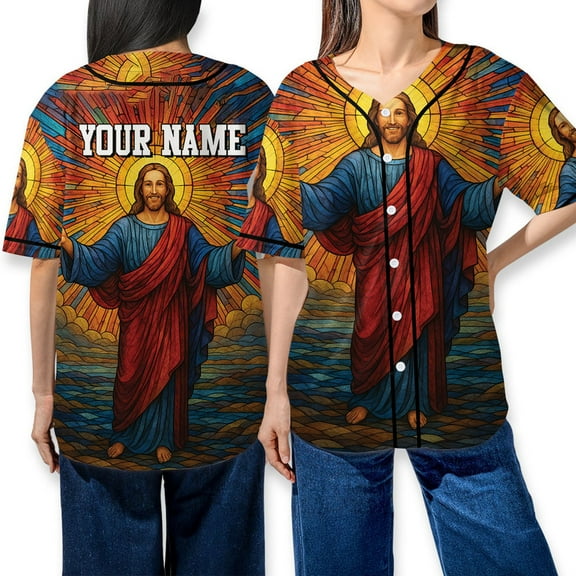 Custom Christian Baseball Jersey Shirt, Personalized Jesus Stained Glass Faith Button Up Jersey, Religious Art Jesus Design Baseball Shirt