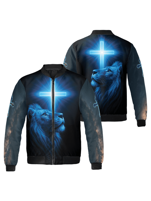 Custom Christian Blue Lion Cross Bomber Jacket – Religious Faith Outerwear for Men Women, Inspirational Jesus Believer Gift, Spiritual Apparel
