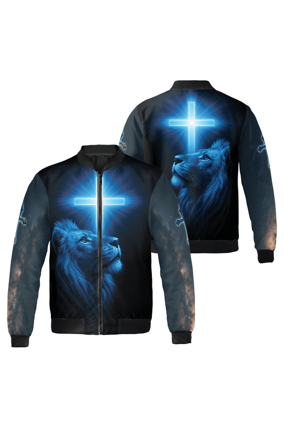 Custom Christian Blue Lion Cross Bomber Jacket – Religious Faith Outerwear for Men Women, Inspirational Jesus Believer Gift, Spiritual Apparel