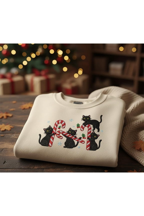 Custom Christmas Cat Sweatshirt Embroidered Black Cats with Candy Canes Holiday Cozy Sweater