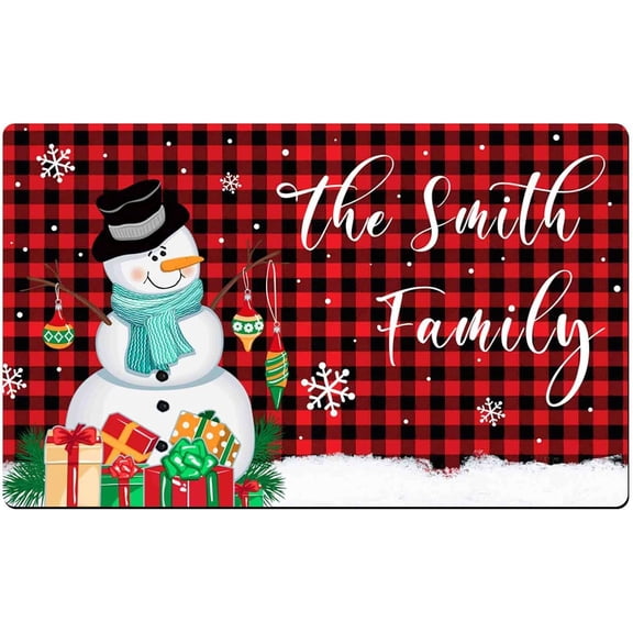 Custom Christmas Door Mat with Text,Personalized Christmas Mat Front Door with Name,Customized Snowman Square Welcome Mat Non Slip,Outdoor Entrance for New Home Gift Indoor Decorative 18"×30"