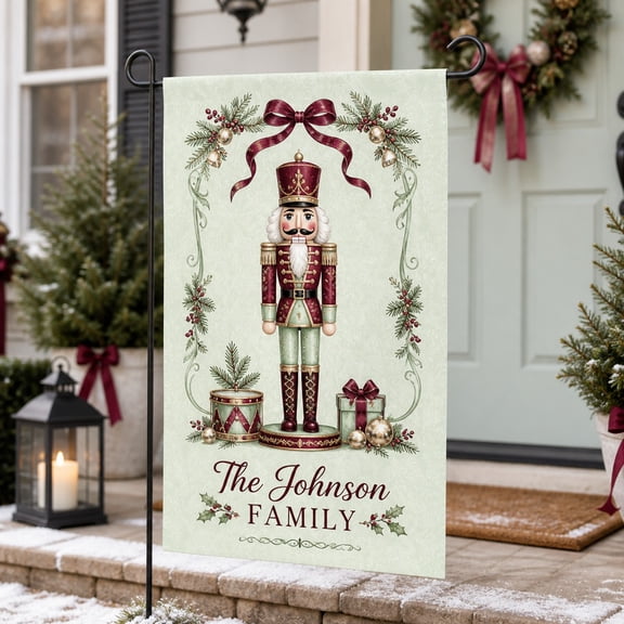 Custom Christmas Garden Flag, Soft Mint and Burgundy Nutcracker Porch Decor