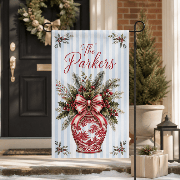 Custom Christmas Ginger Jar Garden Flag with Family Name, Porch Decor