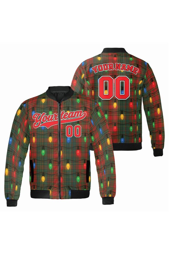 Custom Christmas Lights Plaid Bomber Jacket, Winter Sports Coat with Christmas Lights, Personalized Name & Team – Perfect Xmas Holiday Gift Jacket