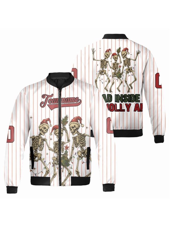 Custom Christmas Skeleton Dead Inside But Jolly AF Bomber Jacket – Funny Holiday Jacket with Dancing Skeletons & Santa Hats – Personalized Xmas Outerwear