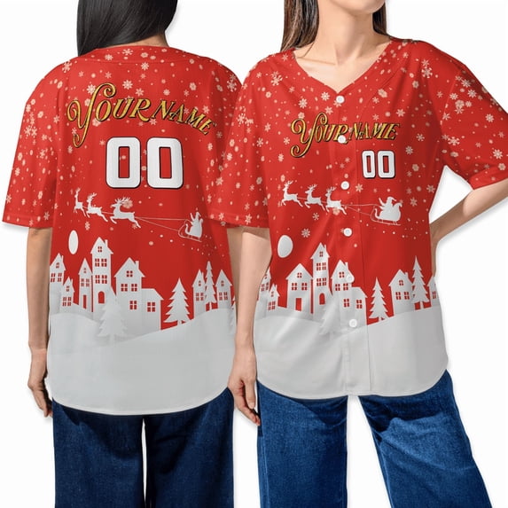 Custom Christmas Snowfall & Santa Sleigh Baseball Jersey - Personalized Name & Number Xmas Festive Holiday Shirt