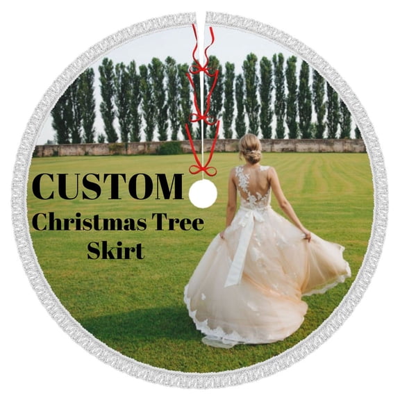 Custom Christmas Tree Skirt Add Your Own Photo Design Text, Personalized Xmas Tree Fringe Skirt for Family Holiday Decor and Christmas Gifts, 48 Inch