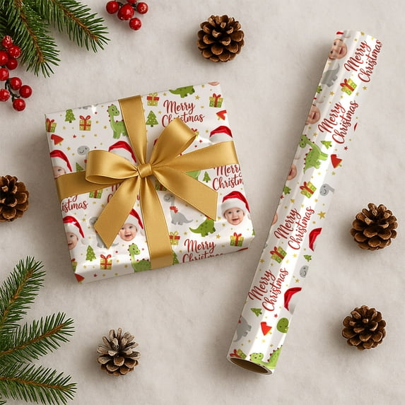 Custom Christmas Wrapping Paper, Personalized Wrapping Paper Rolls with Santa Claus Gingerbread Christmas Tree