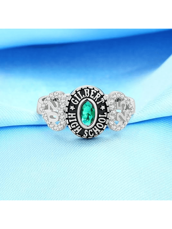 Custom Class Graduation Ring with Green Oval Stone and Side Number Design