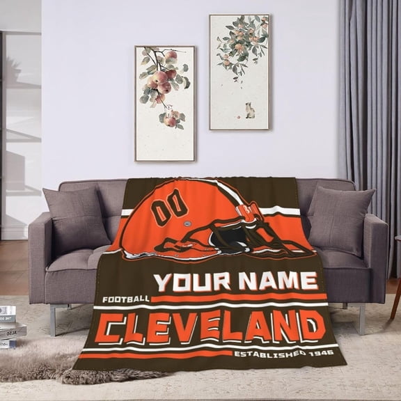 Custom Cleveland Blanket Personalized Throw Blankets Name Number Gifts for Men Women Boy Football Style Decor