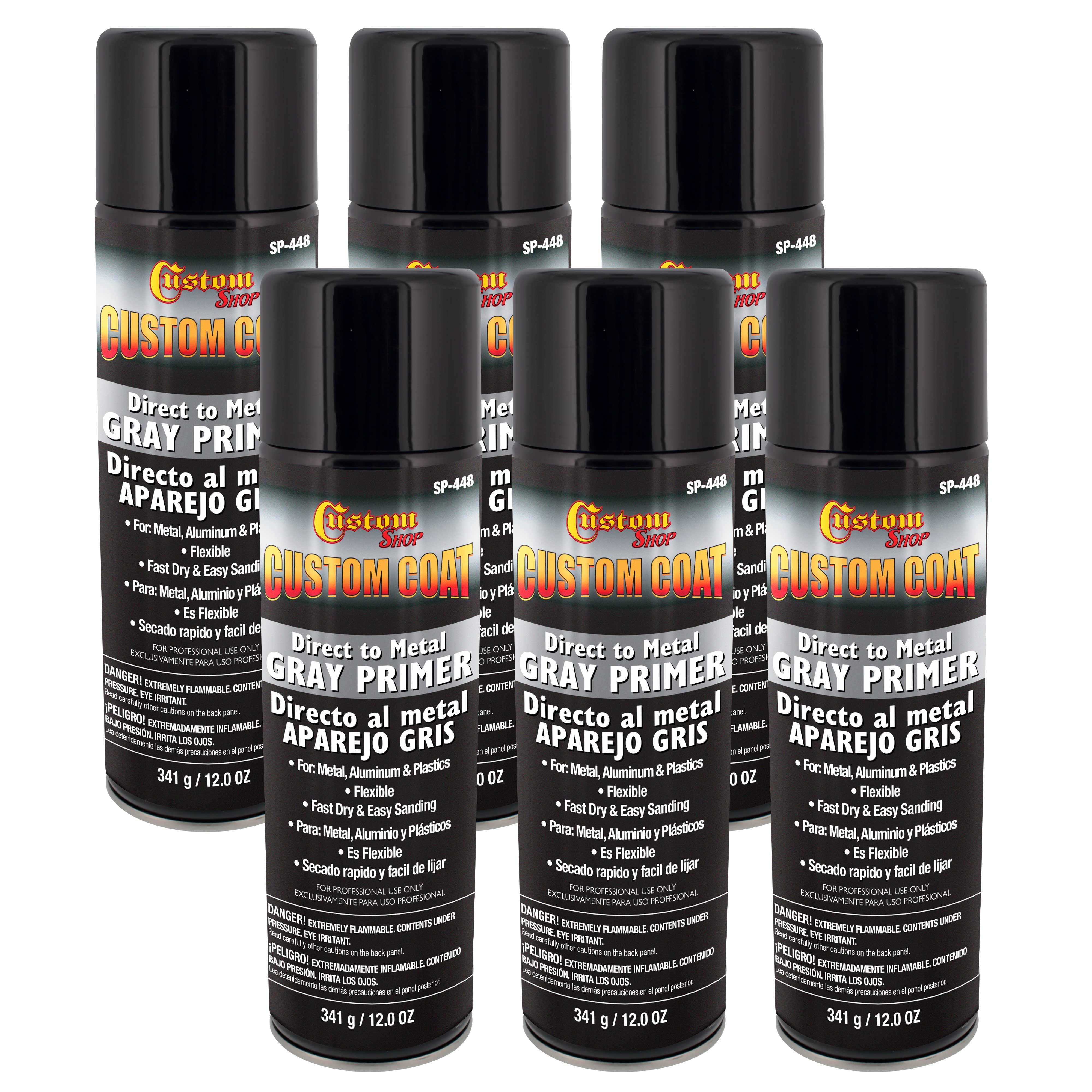 Custom Coat 1K High Build Direct to Metal Primer - 12 Ounce Spray Can - Grey - for Automotive and Industrial Use - Easy Sanding (Pack of 6)