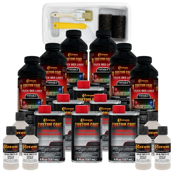Custom Coat GM White 1.5 Gallon (6 Quart) Urethane Roll-On, Brush-On or Spray-On Truck Bed Liner Kit with Roller and Brush Applicator Kit