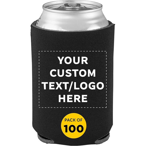 Custom Collapsible Beer Can Coolers 4mm Set of 100, Personalized Bulk Pack - Great for Beer, Soda, Other Beverages - Black