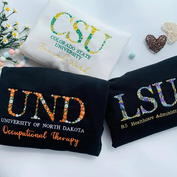 Custom College Floral Embroidered Sweatshirt, Floral Letter Embroidered, Flower College, High School, Graduation Gift