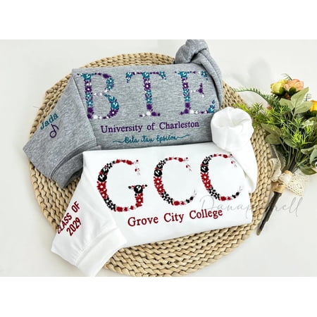 Custom College Sweatshirt with Floral Letter Embroidered, Sorority University High School Crewneck, Graduation, Unisex Sweatshirt LINHKHA