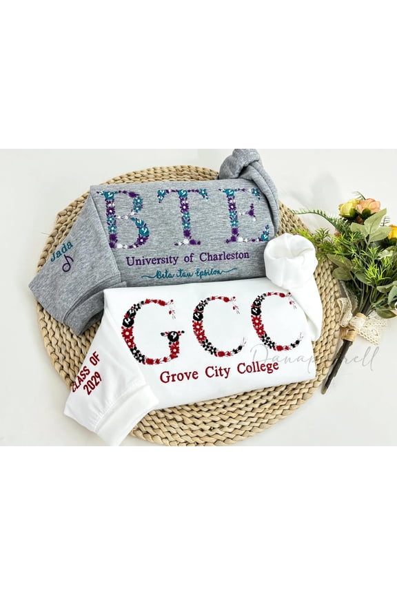 Custom College Sweatshirt with Floral Letter Embroidered, Sorority University High School Crewneck, Graduation, Unisex Sweatshirt LINHKHA