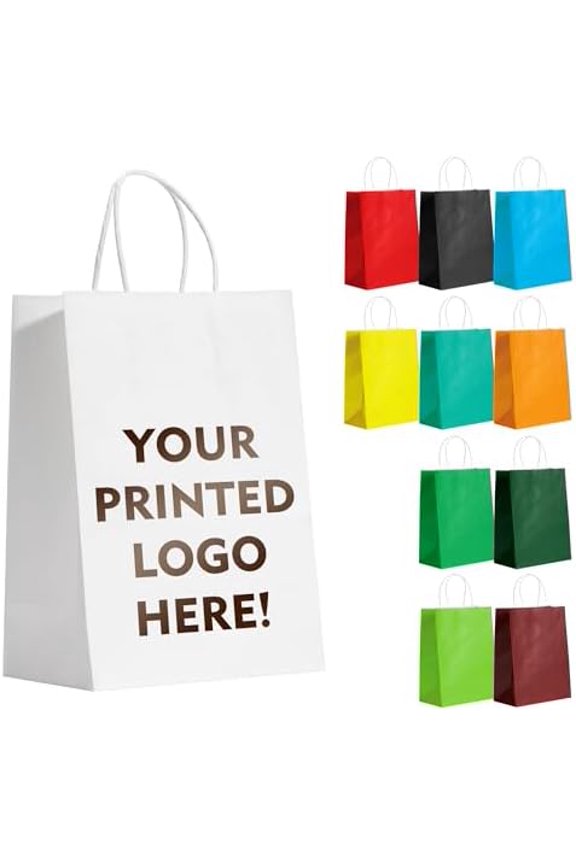Custom Color Printed Medium Paper Bags 50 Count, 8x4.5x10.8 Inch Personalized Kraft Paper Bags with Personal Logo, Ideal for  Promotion in Retailing, Gift Wrapping and Shopping