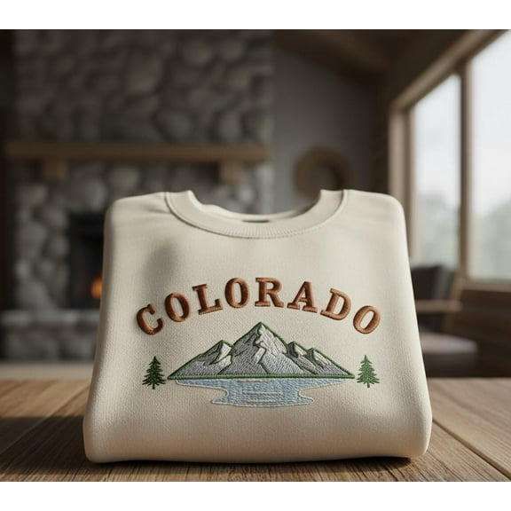 Custom Colorado Mountain Embroidered Sweatshirt, Scenic Lake View Crewneck for Outdoor and Travel Lovers