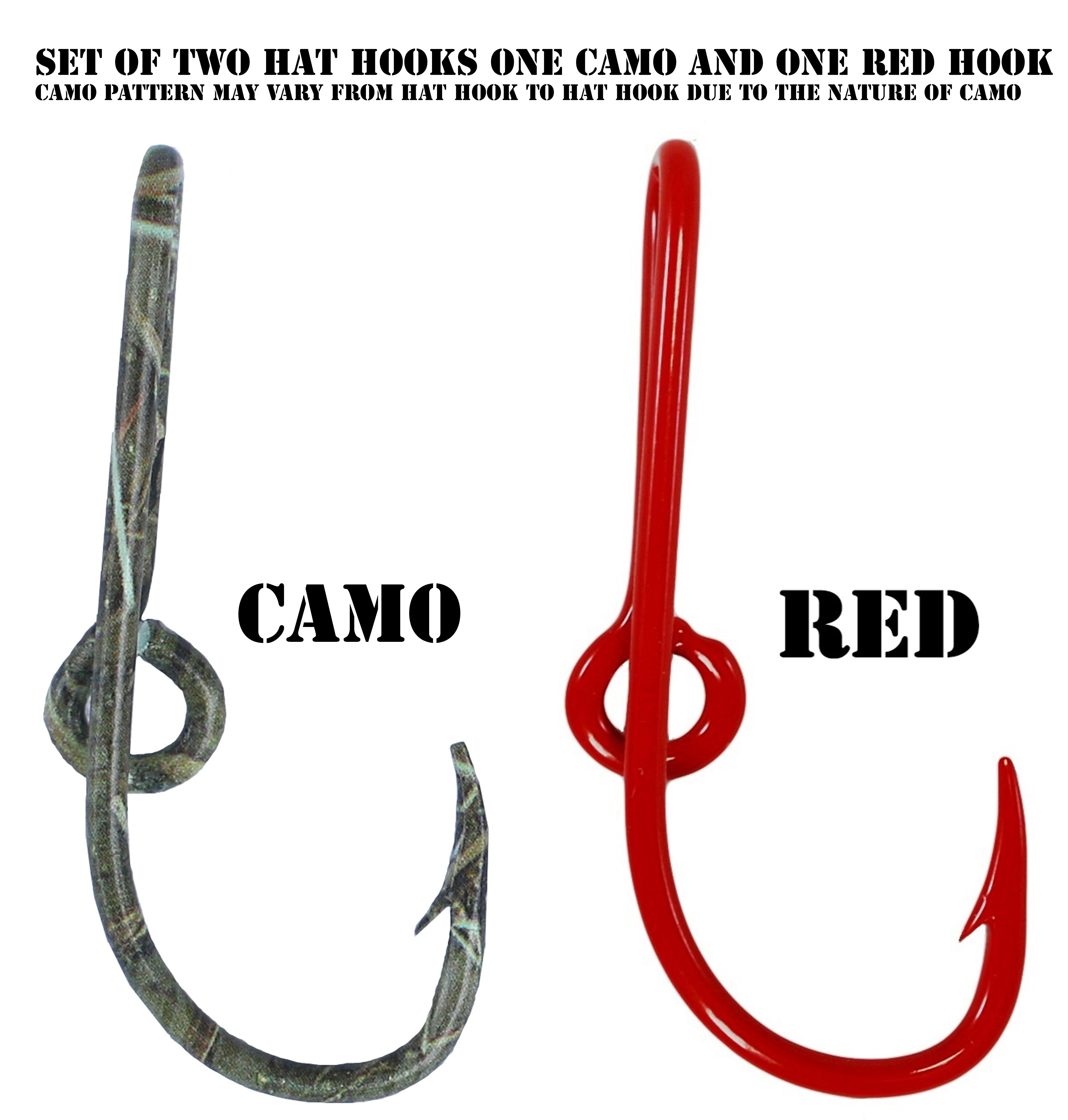 Custom Colored Eagle Claw Hat Fish Hooks for Cap -Set of Two Hat pins- One  Red and One Camo Hat Hook Money/Tie Clasp 