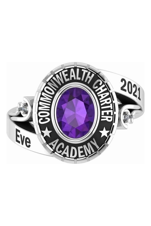 Custom Commonwealth Charter Academy Class Ring Personalized Graduation Year Amethyst Purple Stone Bypass Band 925 Sterling Silver