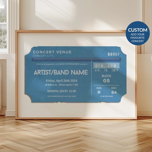 Custom Concert Ticket Stub Poster Personalized Retro Memory Wall Art Landscape Blue 80s Mu