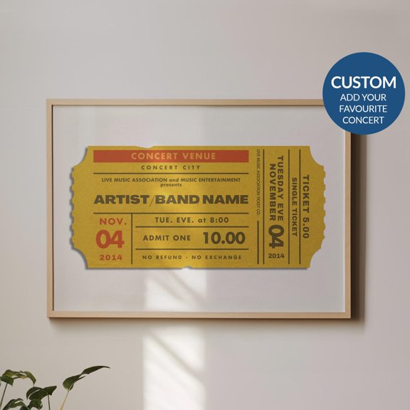 Custom Concert Ticket Stub Poster Personalized Retro Memory Wall Art Landscape Yellow 80s