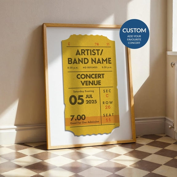 Custom Concert Ticket Stub Poster Yellow Personalized Retro Memory Art Music 80s Gig Lover