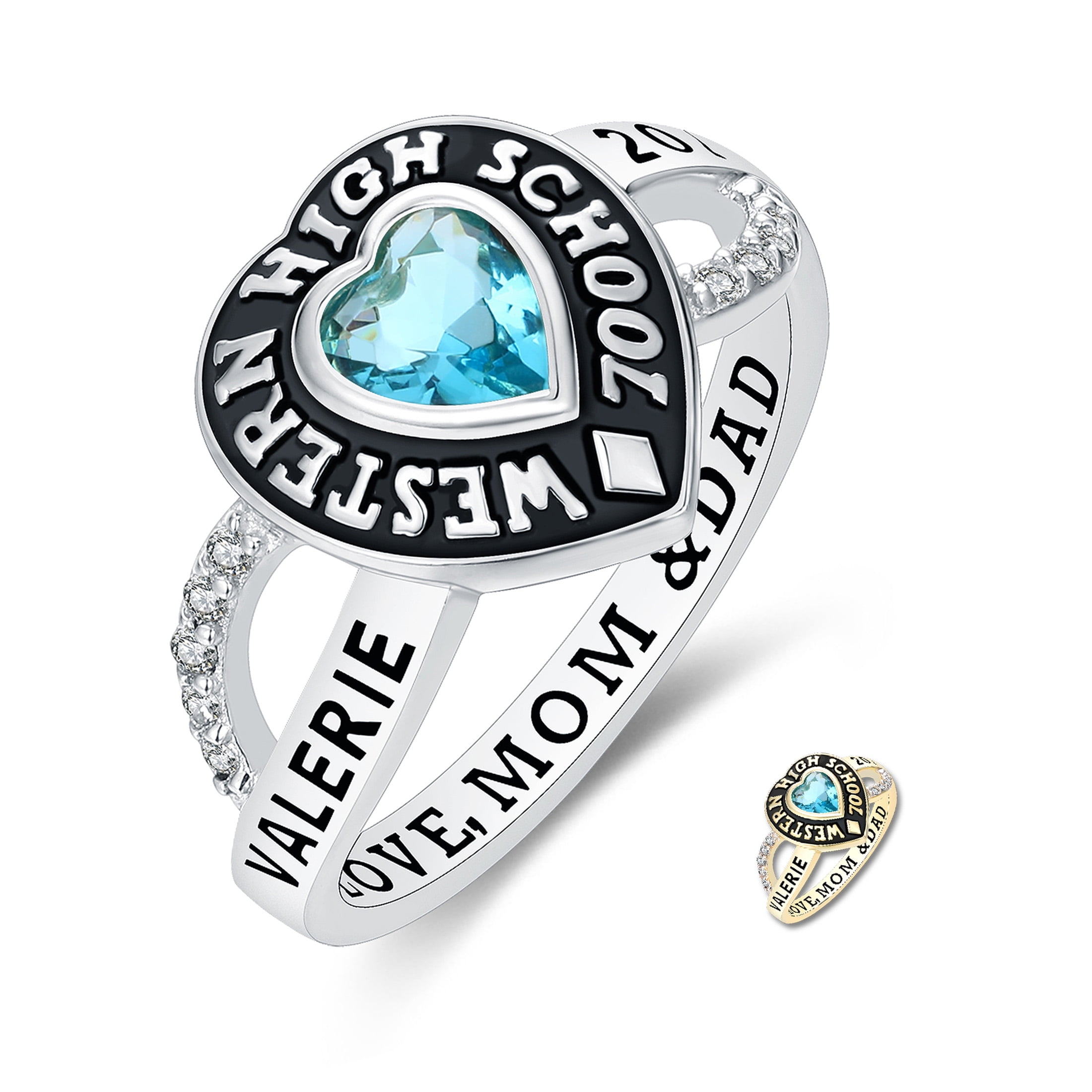 Mementos USA Custom Class Rings 10kt White Gold for Women High School and College-Heartstone