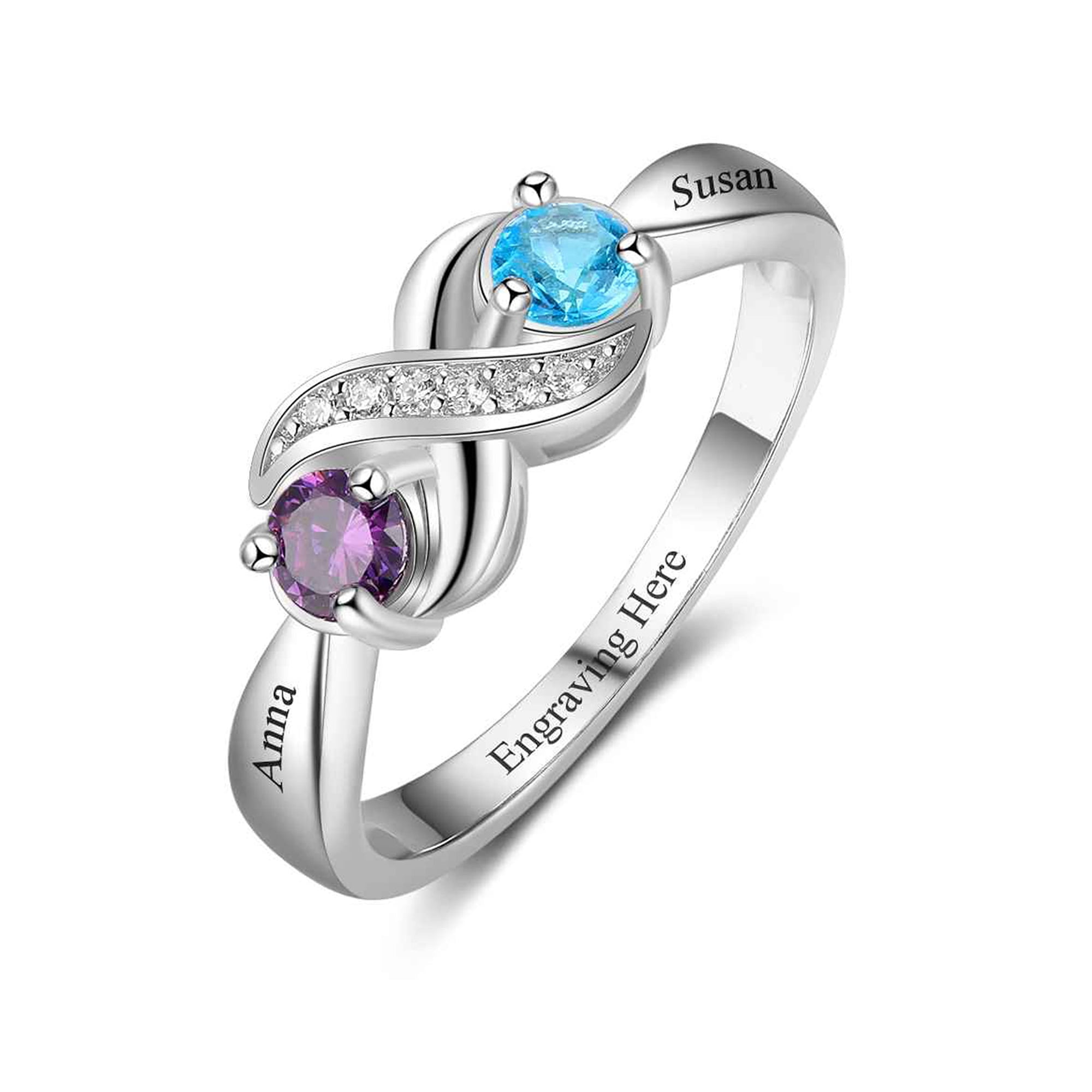 MEMENTOS JEWELRY Mementos USA Personalized Sterling Silver Family Mother's Ring with 2 Birthstone & Name