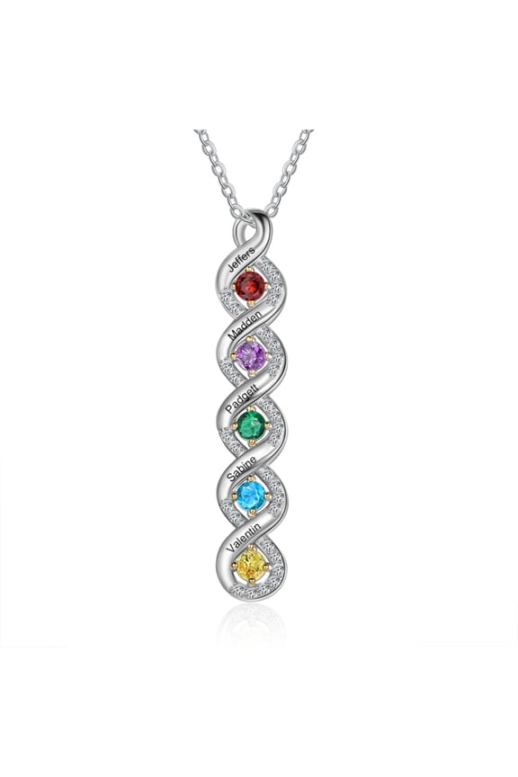 Mementos Custom Family Women's (Mother's) Necklace Sterling Silver with 5 Birthstones and Names