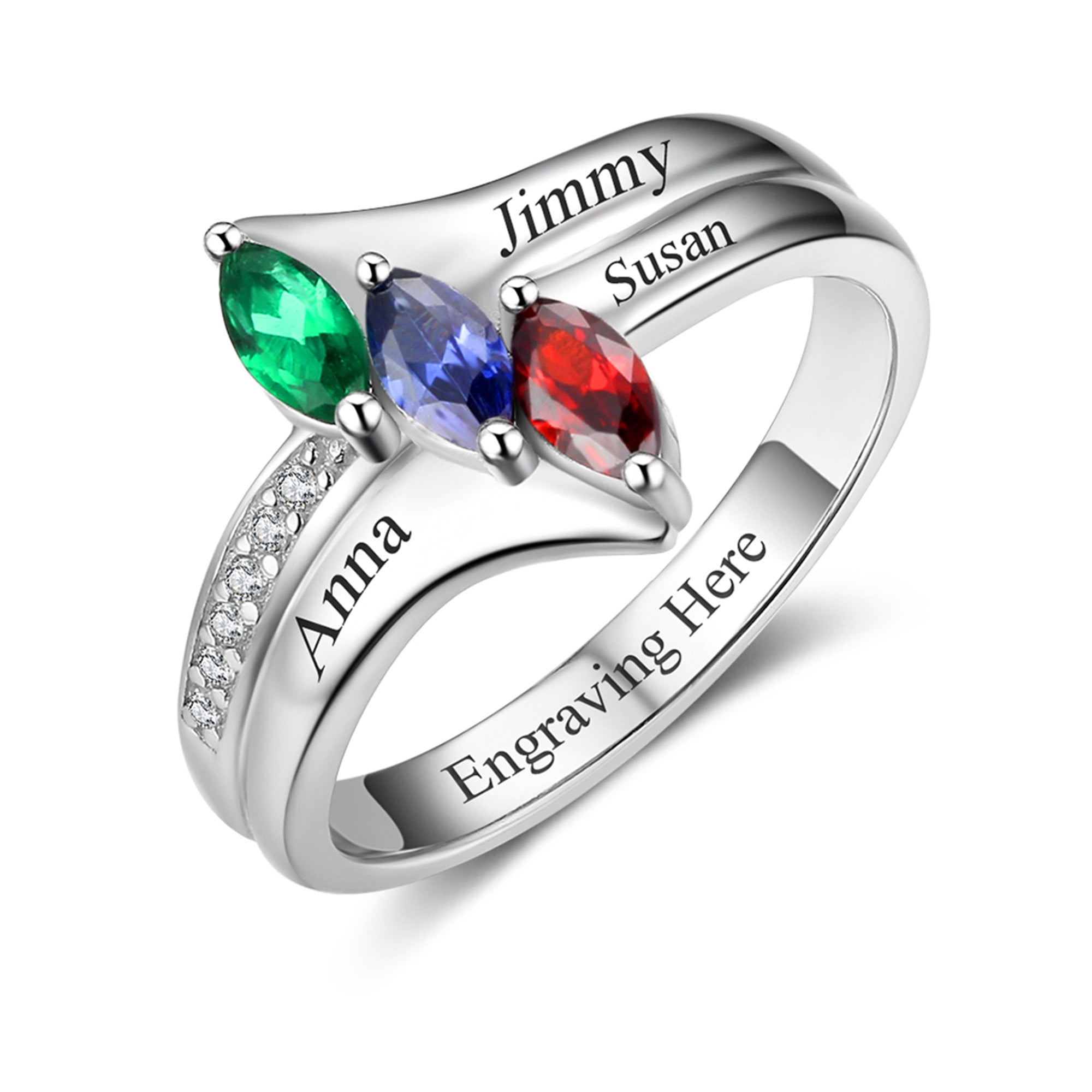 MEMENTOS JEWELRY Custom Configurator Mementos USA Sterling Silver Family Mothers (Women) Ring with 3 Birthstone Name