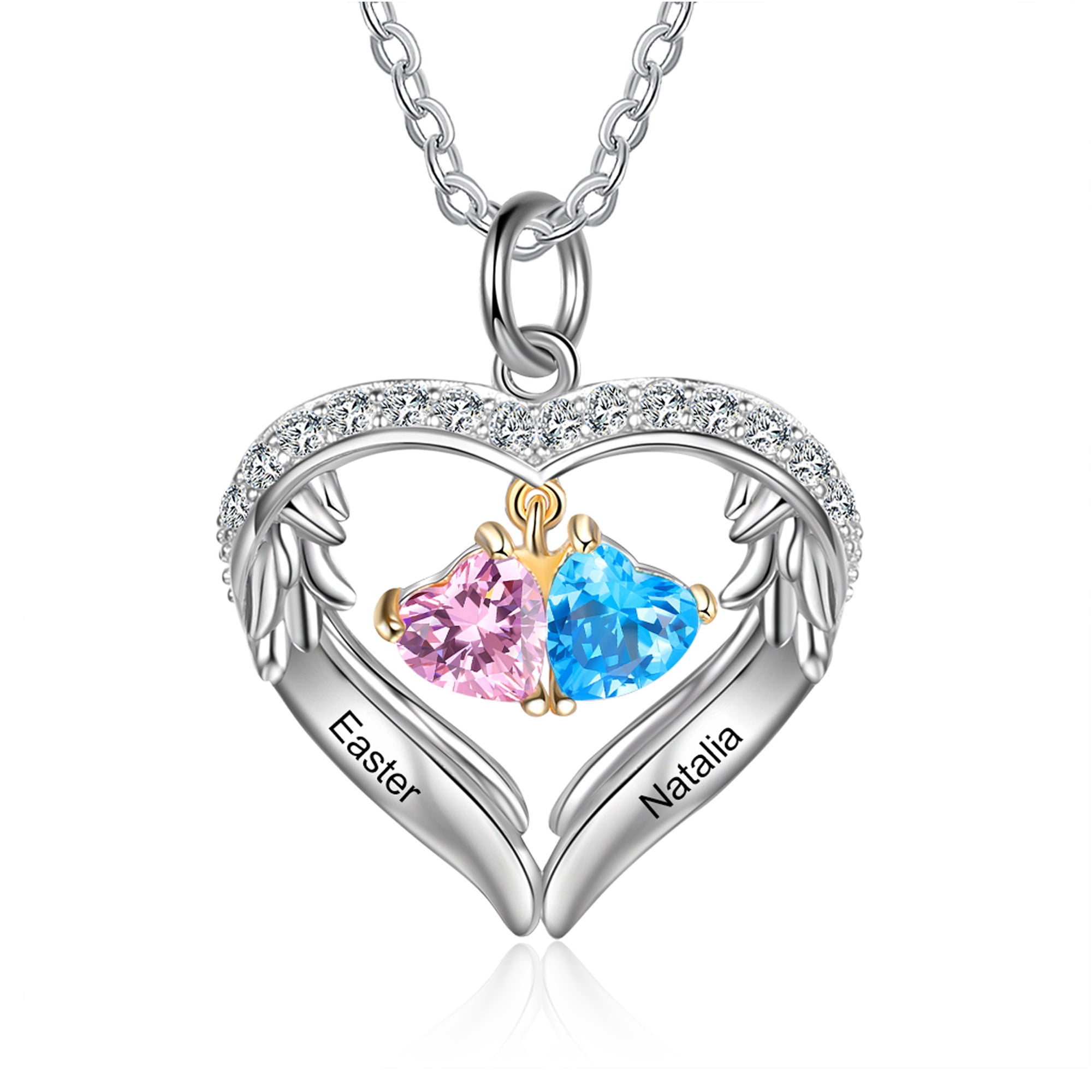 MEMENTOS JEWELRY Mementos Personalized Sterling Silver Family Women's Necklace 2 Names Birthstones-Mother's Day Gift