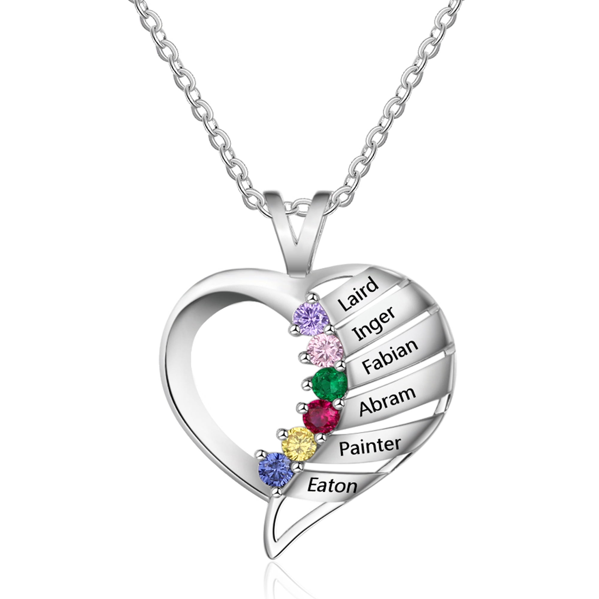 MEMENTOS JEWELRY Mementos Custom Family Women's Necklace Sterling Silver with 6 Birthstones Names-Mother's Day Gift